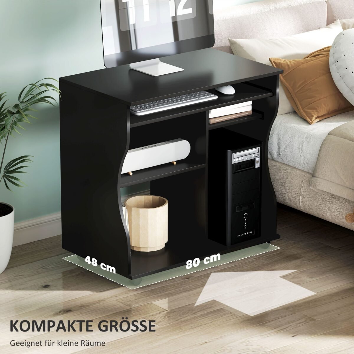 Kompiuterinis stalas su ratukais ir lentynomis