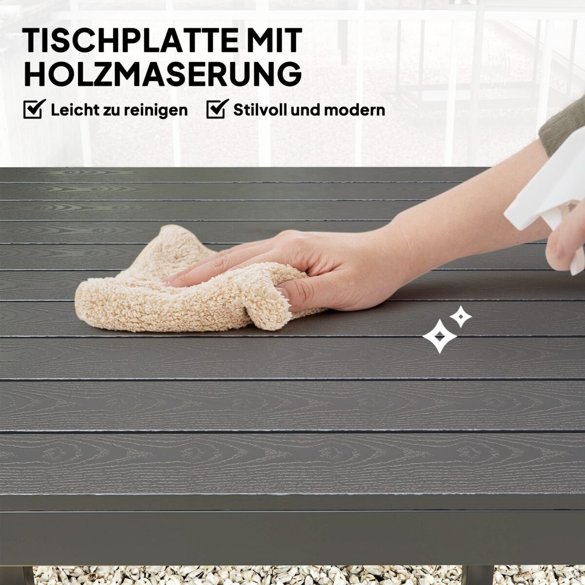 Lauko stalas 4 asmenims, atsparus oro sąlygoms, su medienos imitacijos stalviršiu