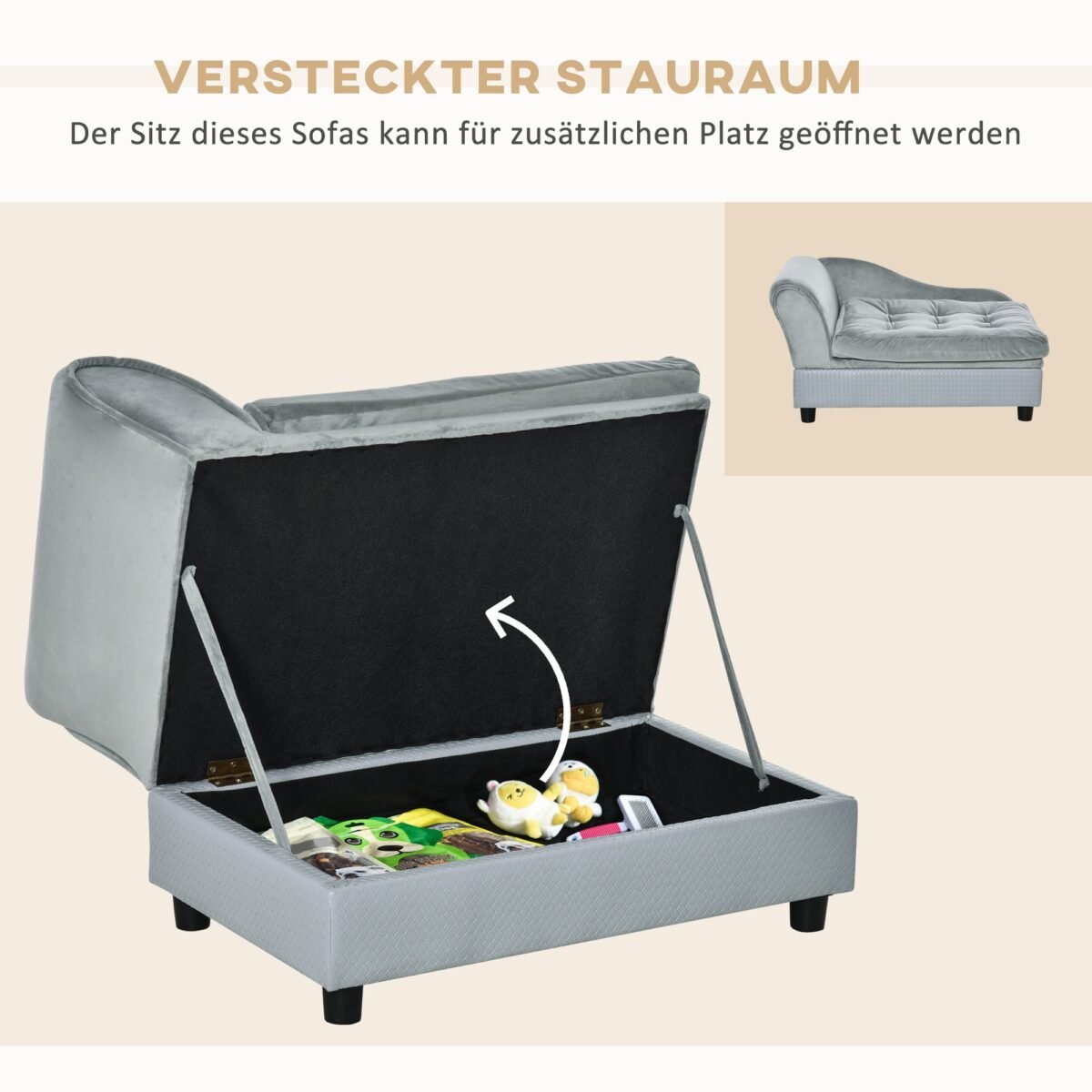 Gyvūnų sofa su daiktadėže ir pliušiniu užvalkalu