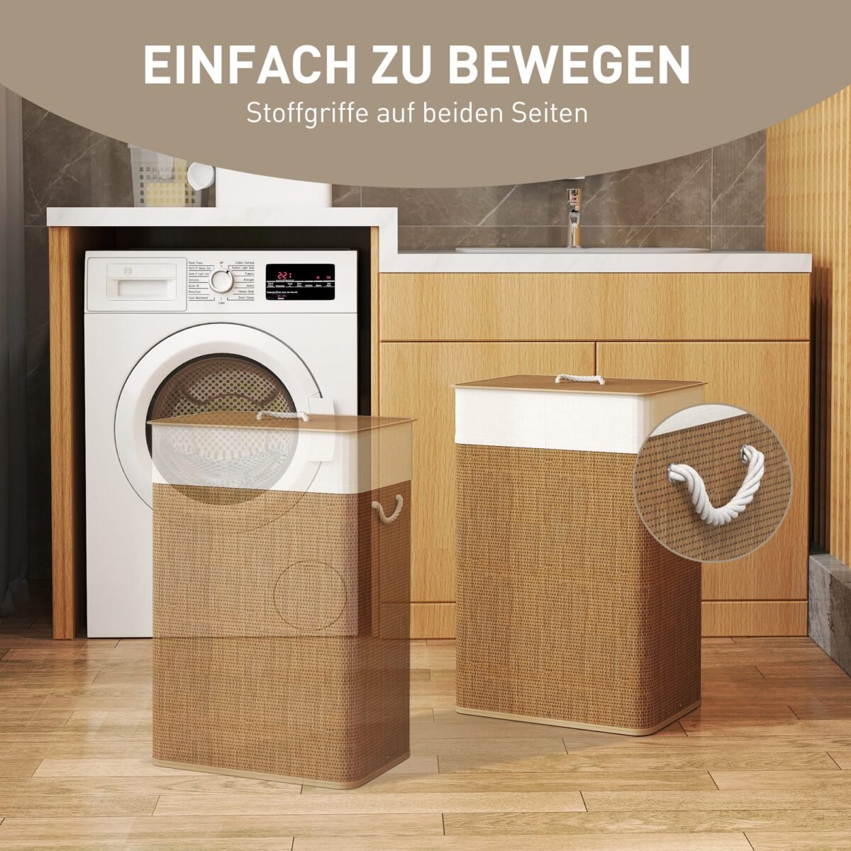 Bambuko skalbinių krepšys su dangčiu ir išimamu maišu 72 l