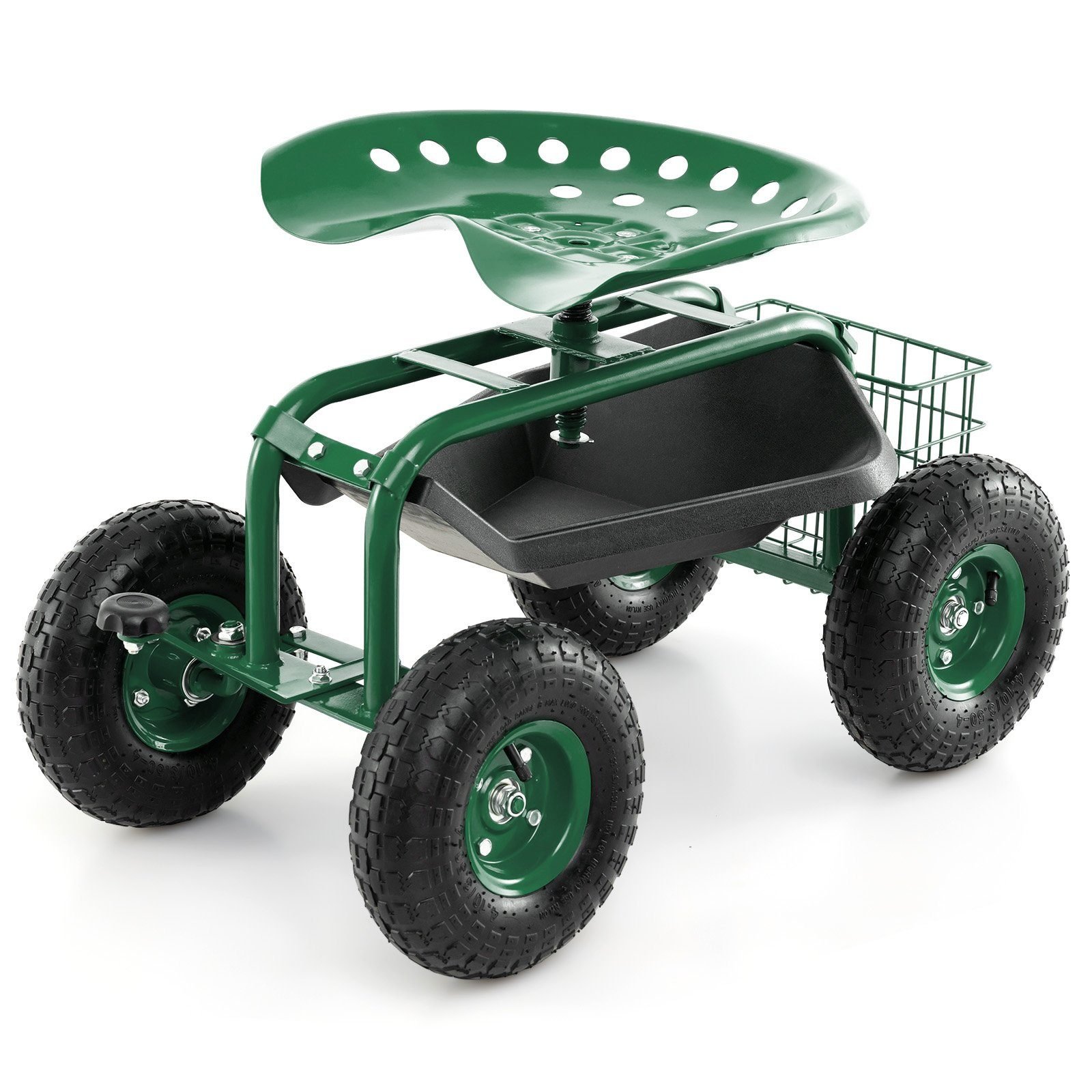 rollsitzmitrollen360drehbarhhenverstellbarmobilergartensitzmitablagekorblenkgriffoutdoorgartenhockerbis150kgbreitereifengartenrollsitzmetallgrn_image_2 Sodo vežimėlis su reguliuojamu aukščiu ir pasukamu atlošu (Žalia)