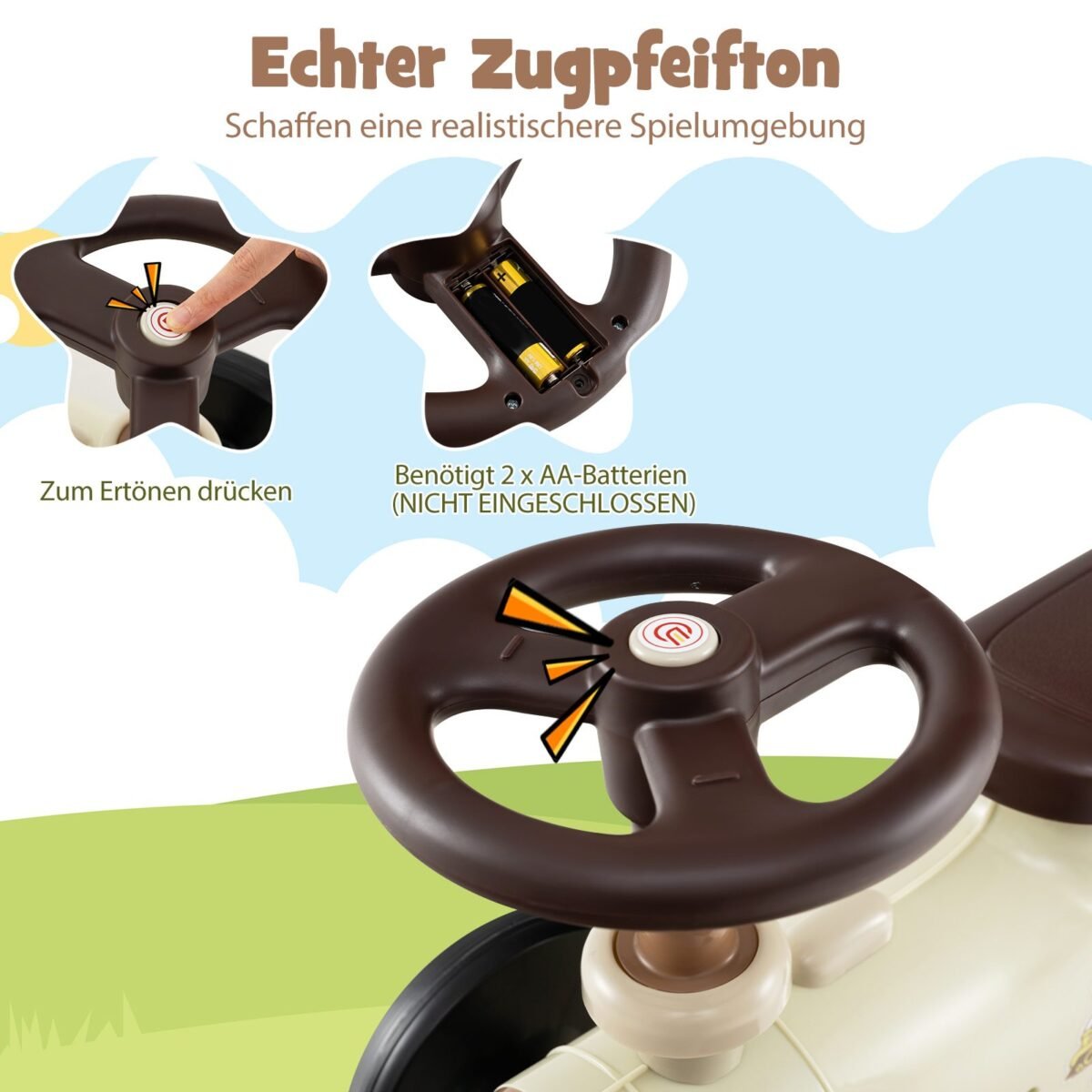 Vaikiškas paspiriamasis automobilis vairu ir garso efektais (Smėlio)