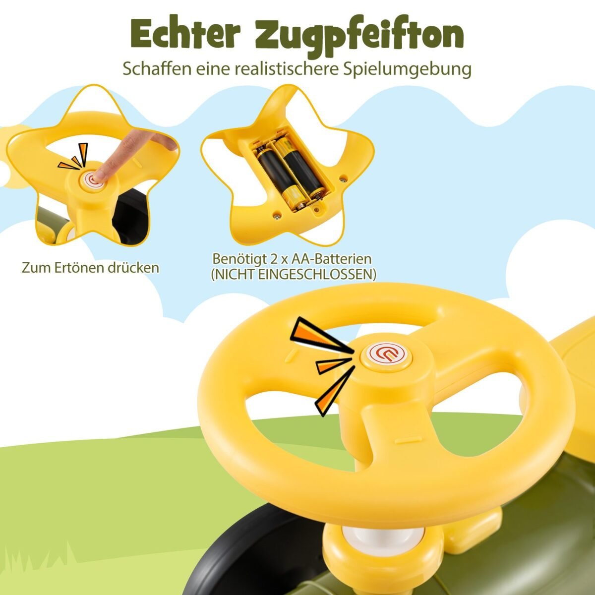 Vaikiškas paspiriamas automobilis traukinuko stiliumi su garso efektais (Žalia)