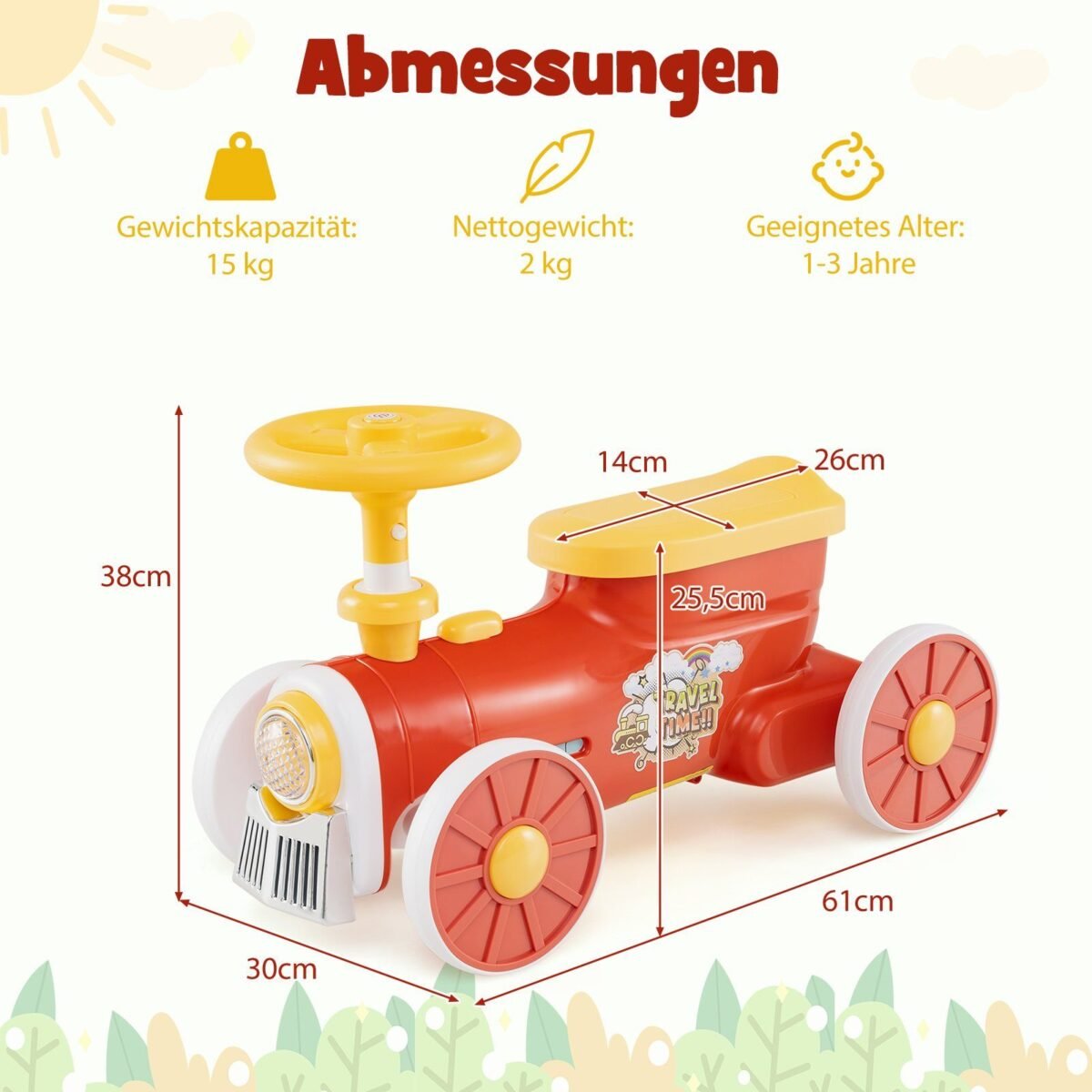 Vaikiškas paspiriamas automobilis traukinuko formos su garso signalu ir daiktadėže (Raudona)