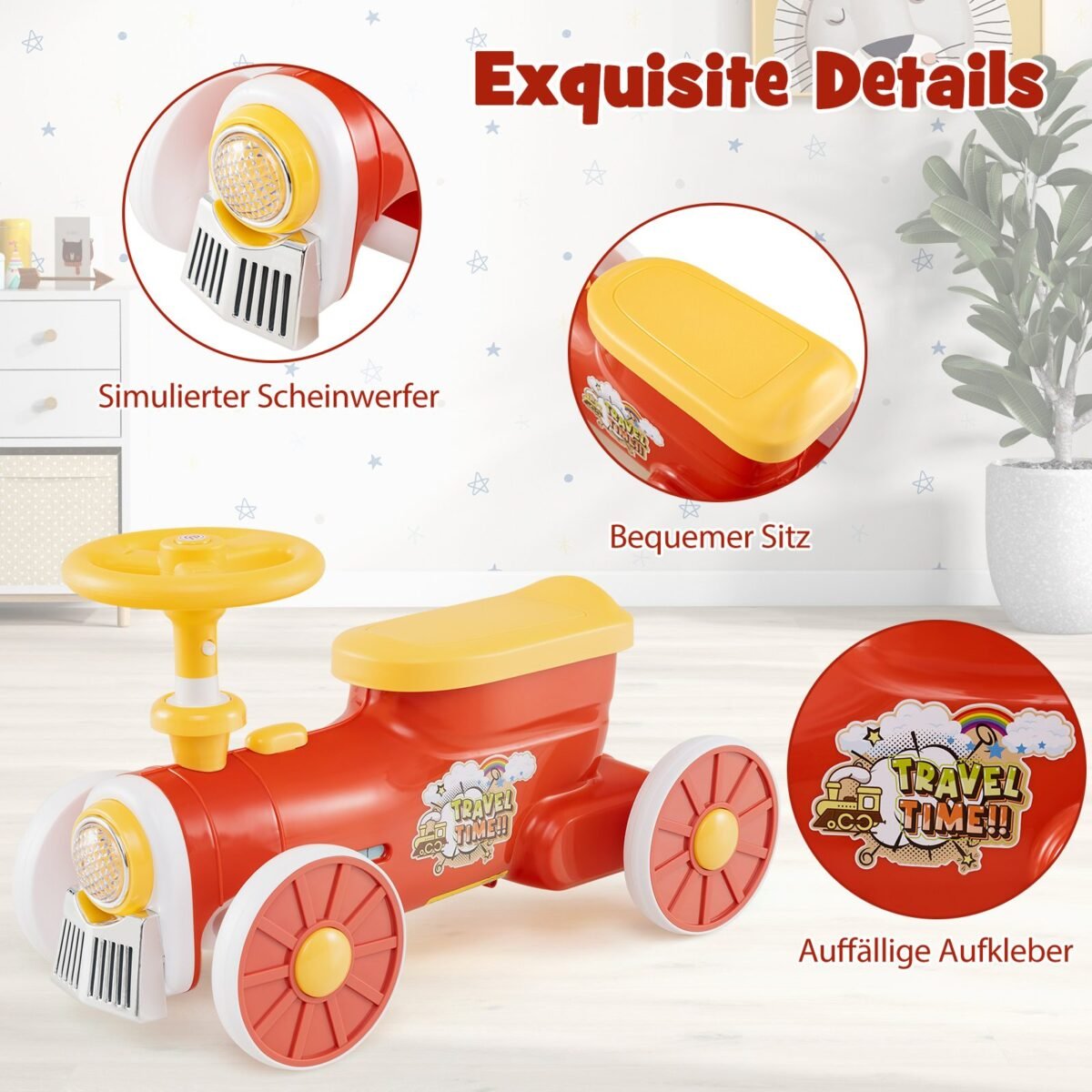 Vaikiškas paspiriamas automobilis traukinuko formos su garso signalu ir daiktadėže (Raudona)