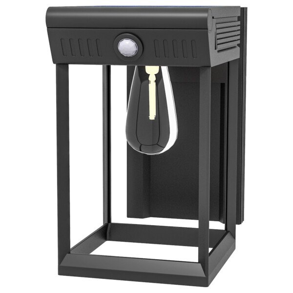 Saulės energijos lauko sieninis šviestuvas su judesio jutikliu ir reguliuojamu skydeliu