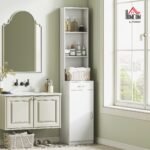 Aukšta siaura vonios spintelė su reguliuojama lentyna ir stalčiumi