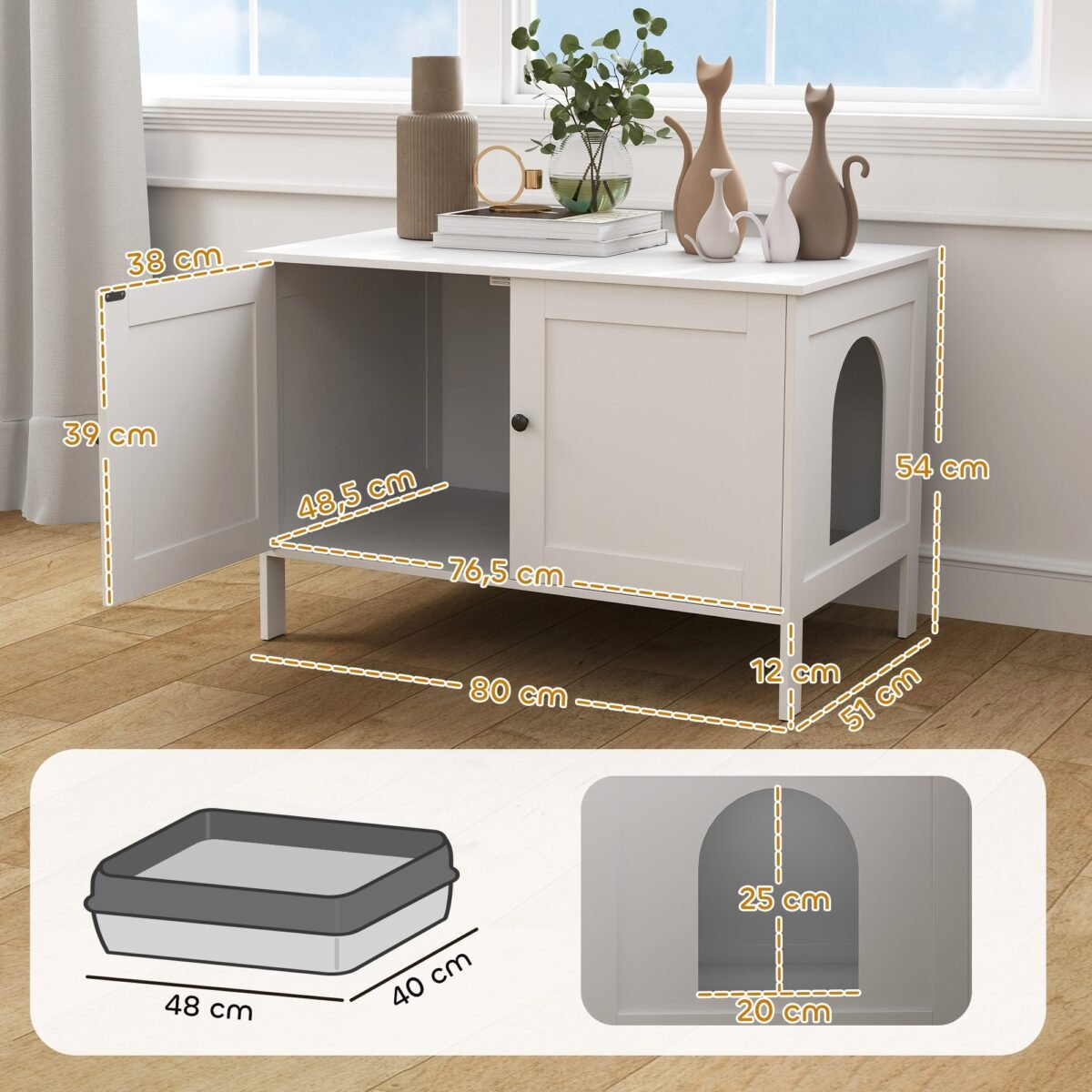 Uždaras kačių tualeto staliukas su skyriumi ir anga didelėms katėms, 80 x 51 x 54 cm