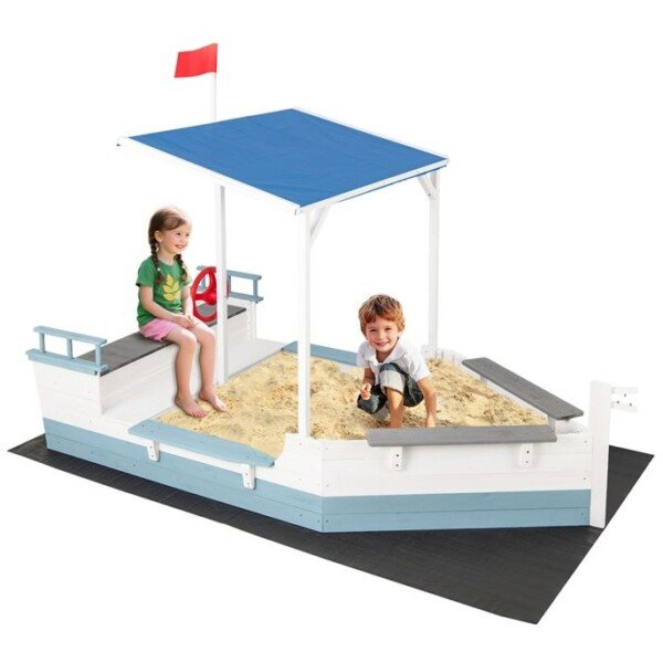 Medinė smėlio dėžė laivas su stogu ir vairu (Balta)