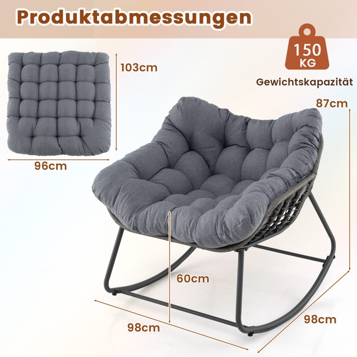 Sūpuoklių kėdė su storu nuimamu pagalvėlių komplektu (Pilka)