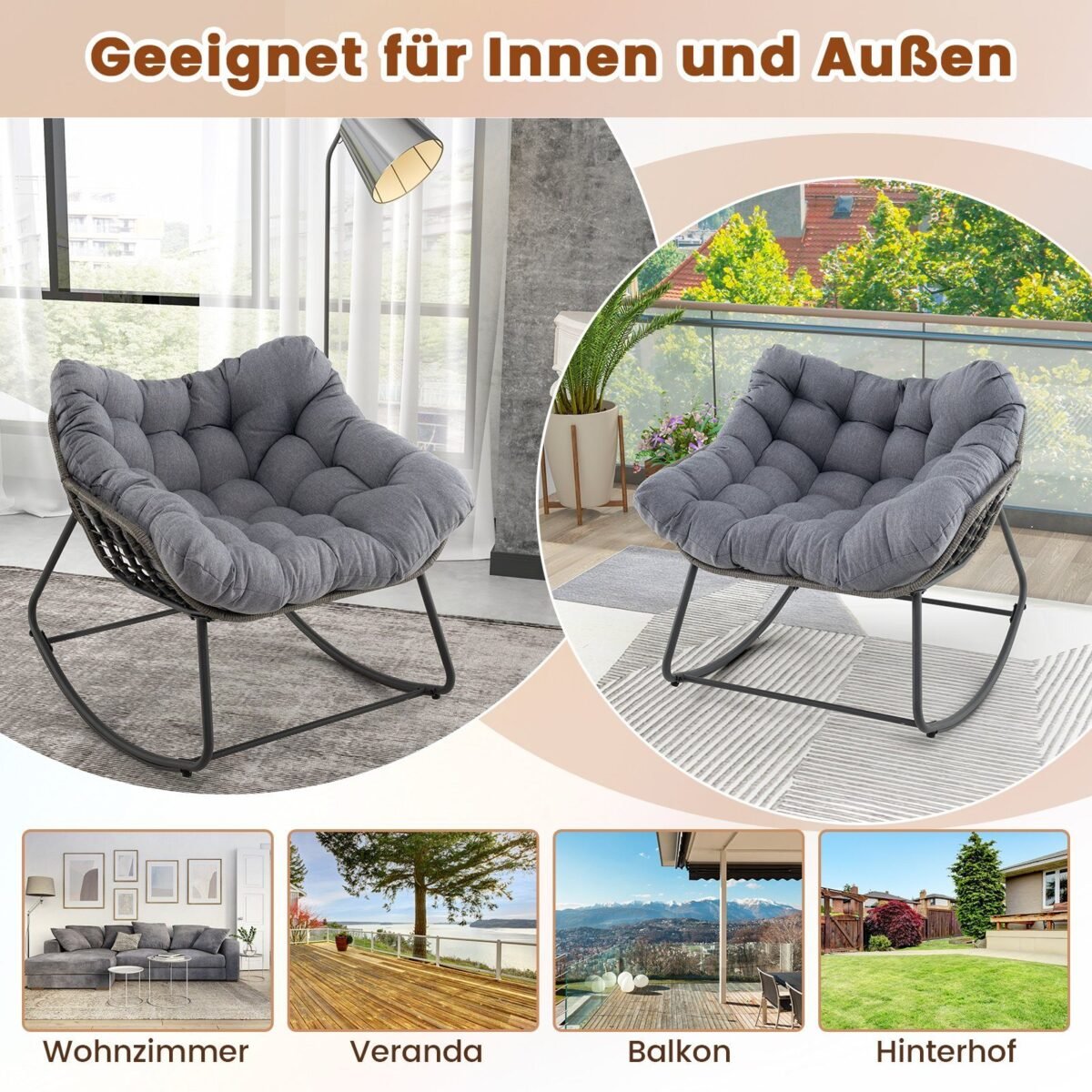 Sūpuoklių kėdė su storu nuimamu pagalvėlių komplektu (Pilka)