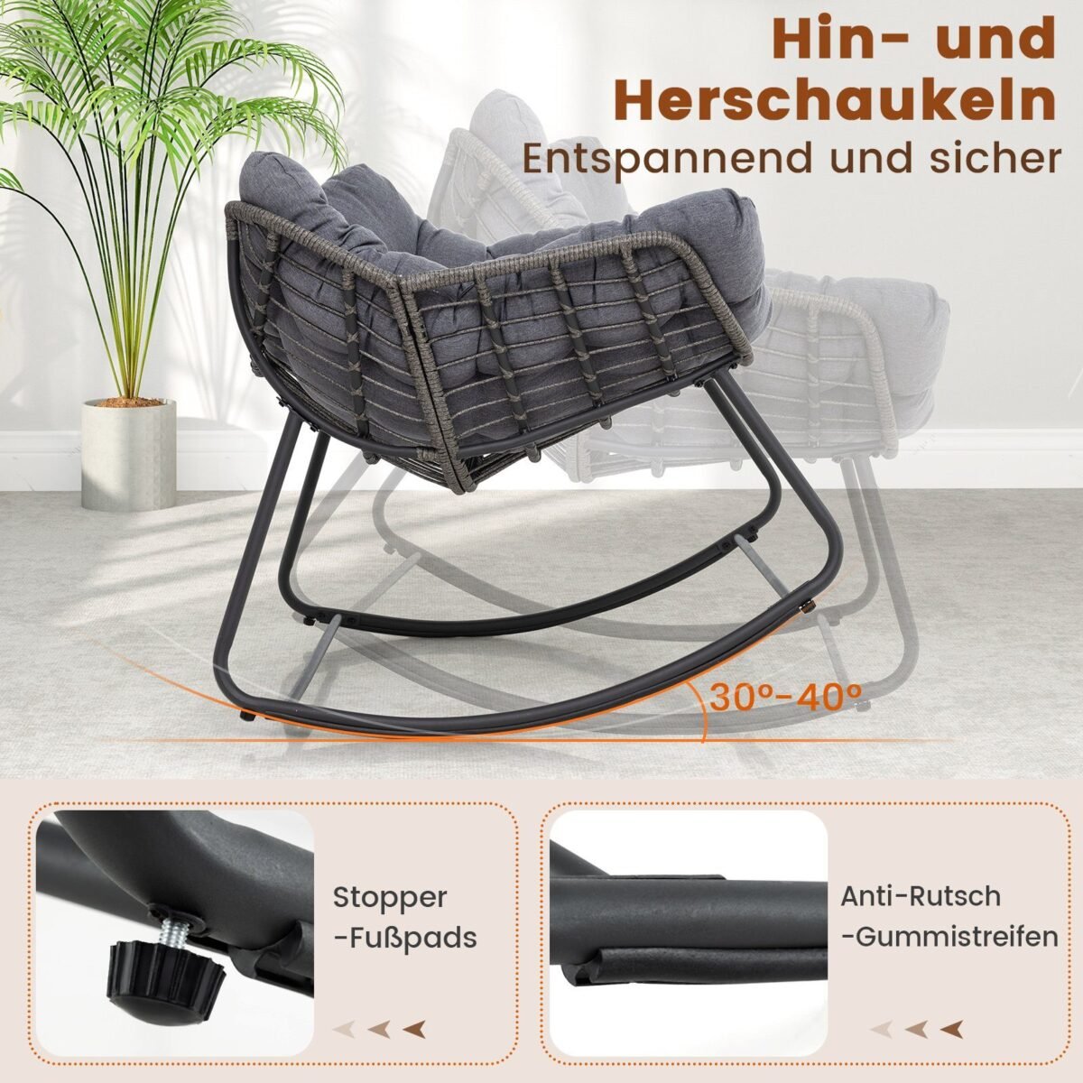 Sūpuoklių kėdė su storu nuimamu pagalvėlių komplektu (Pilka)