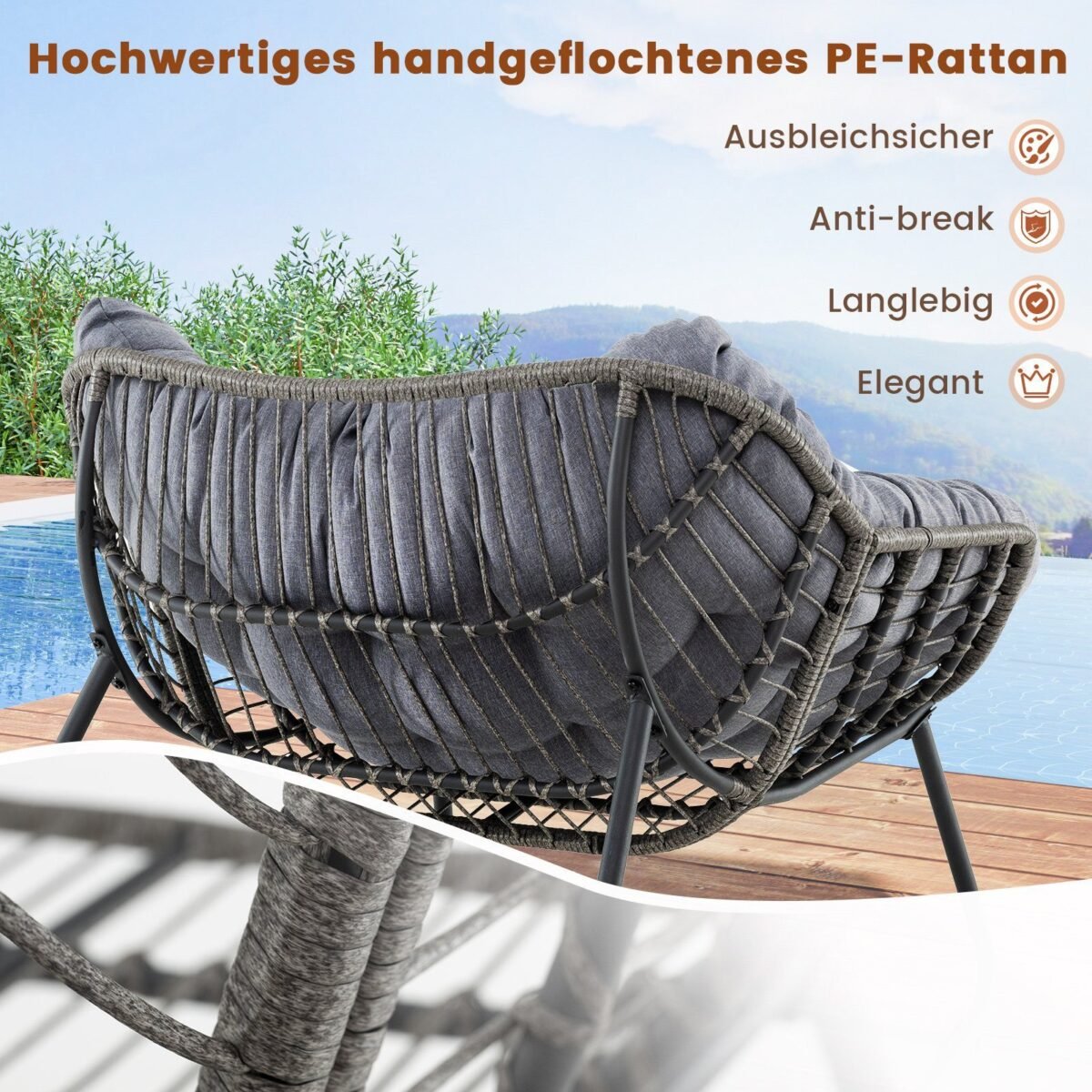 Sūpuoklių kėdė su storu nuimamu pagalvėlių komplektu (Pilka)