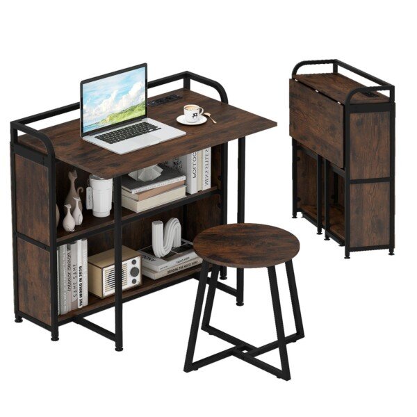 Sulankstomas rašomasis stalas su integruota elektros stotele ir kėdute (Ruda)