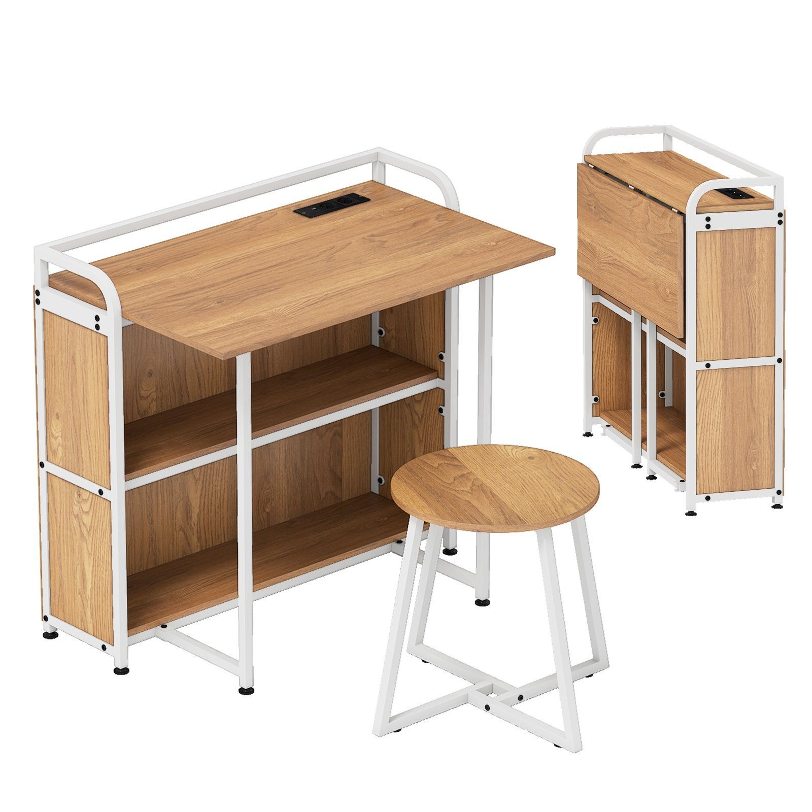 schreibtischklappbarmitsteckdoseklapptischmithockercomputertischmitregalenmetallrahmen90x55x83cmnatur_image_8 Sulankstomas rašomasis stalas su integruota stotele ir kėdute (Natūrali)