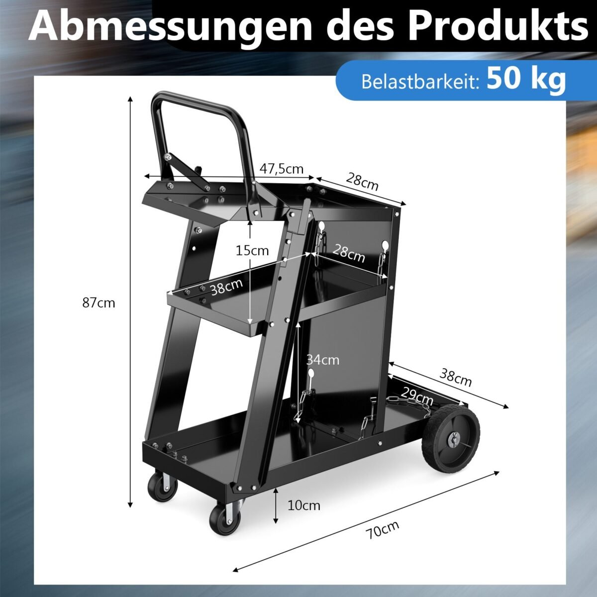 Mobilus suvirinimo vežimėlis su trimis lentynomis (Juoda)