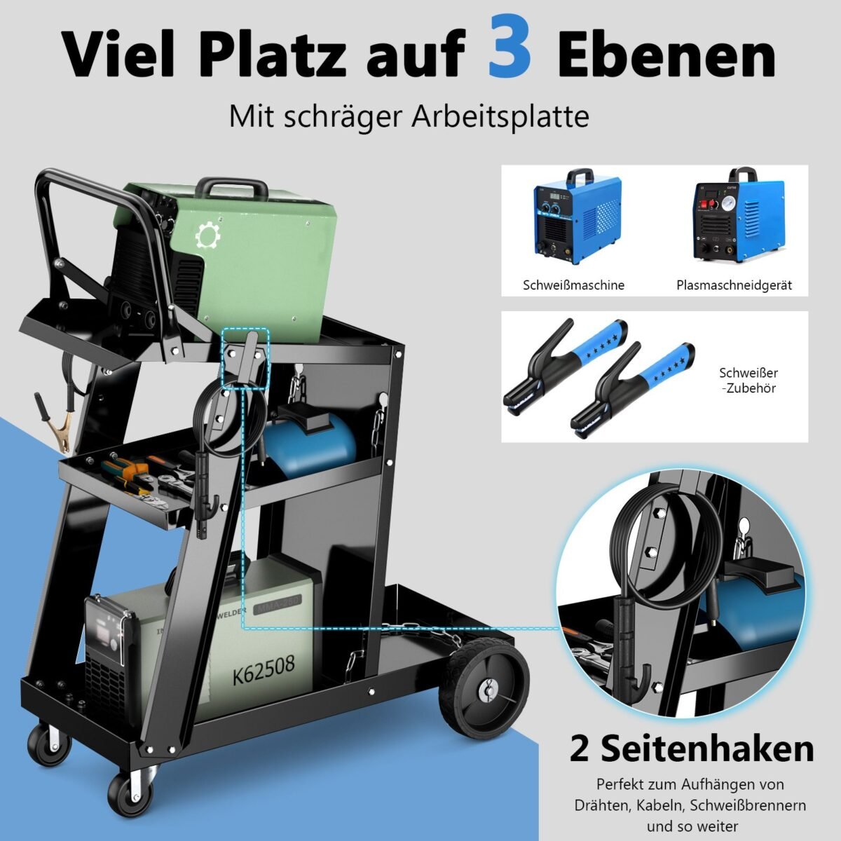 Mobilus suvirinimo vežimėlis su trimis lentynomis (Juoda)