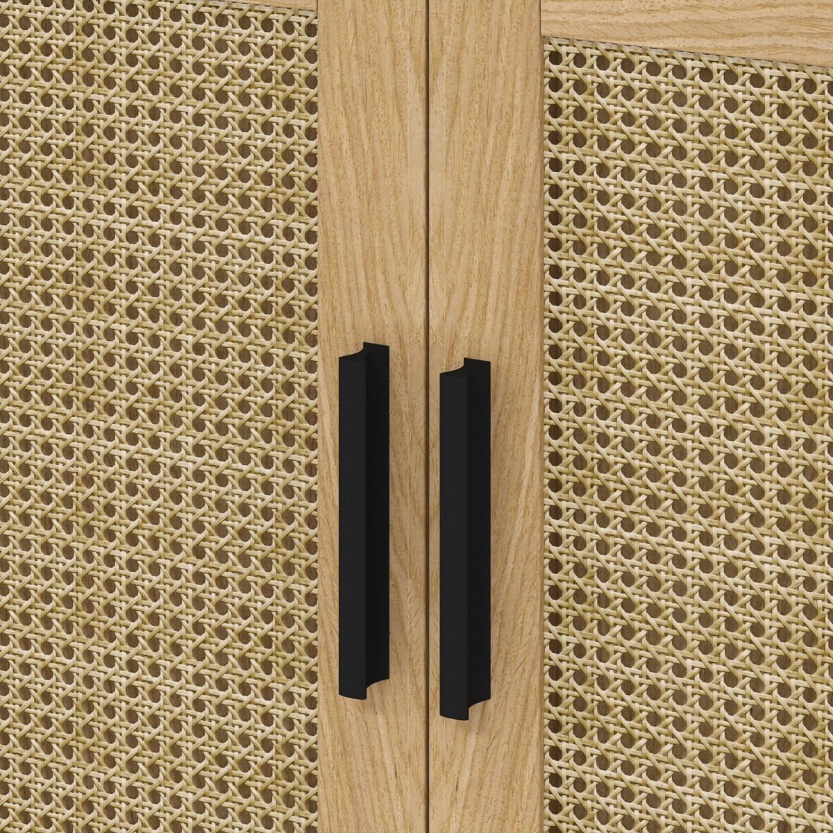 Boho stiliaus praustuvo spintelė su rotango detalėmis ir U formos išpjova