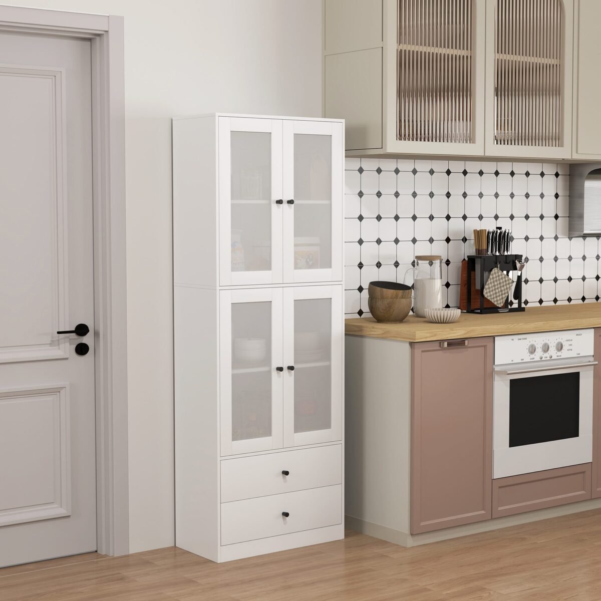 Virtuvinė spintelė su stalčiais ir stiklinėmis durelėmis