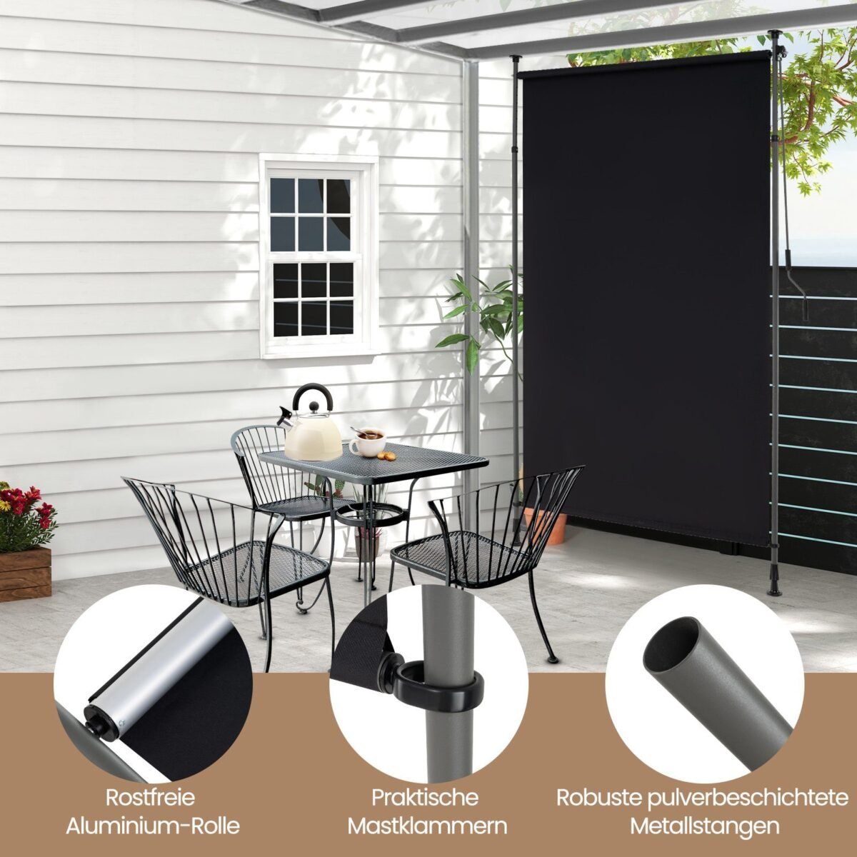 Reguliuojamo aukščio lauko markizė 200 cm pločio (Juoda)