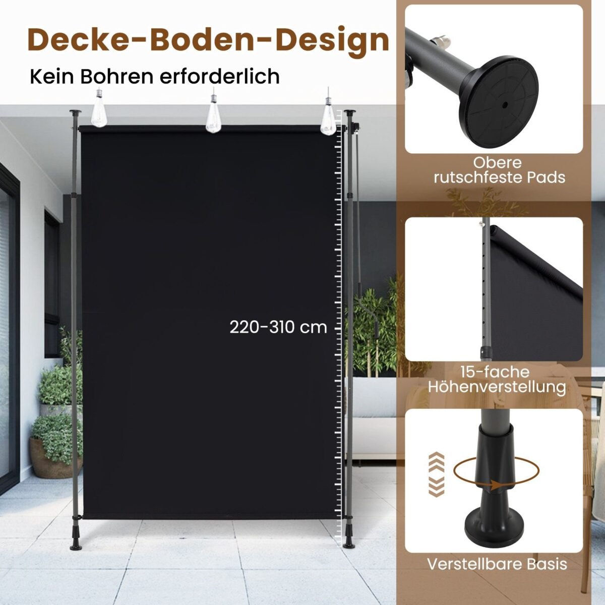 Reguliuojamo aukščio lauko markizė 200 cm pločio (Juoda)