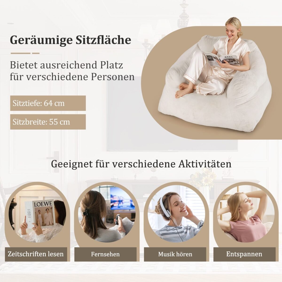 Minkštas fotelis-sėdmaišis su aksominiu užvalkalu (Smėlio)