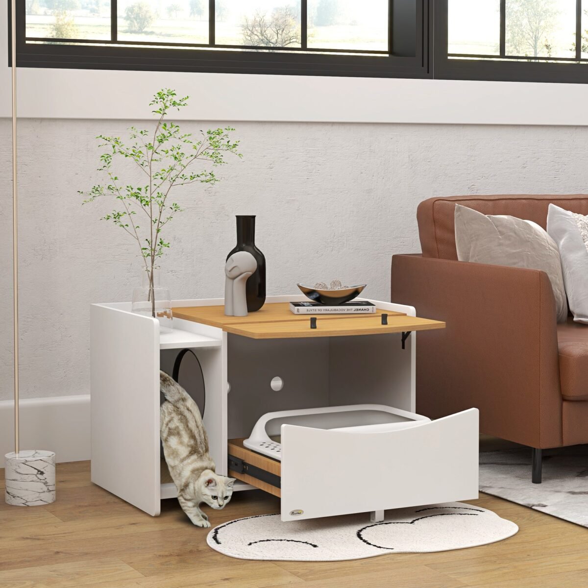 Katės kraiko dėžės spintelė-staliukas su ištraukiamu skyriumi