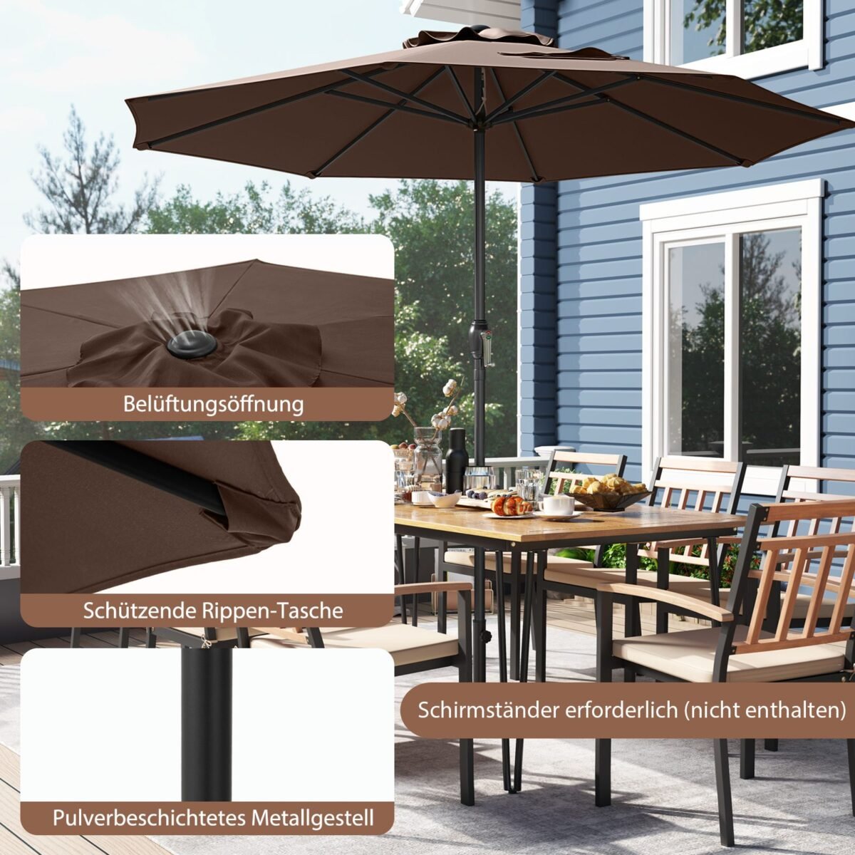 Lauko skėtis nuo saulės 250 cm su rankenėle (Ruda)