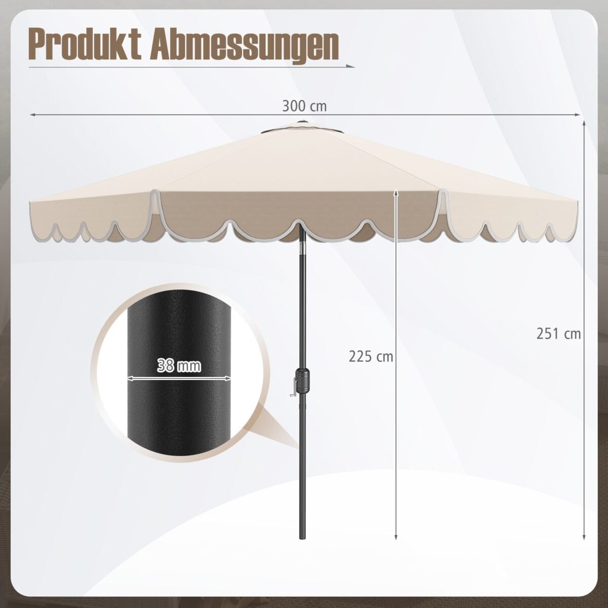 Lauko skėtis nuo saulės 300 cm su rankena ir pasvirimo funkcija (Smėlio)