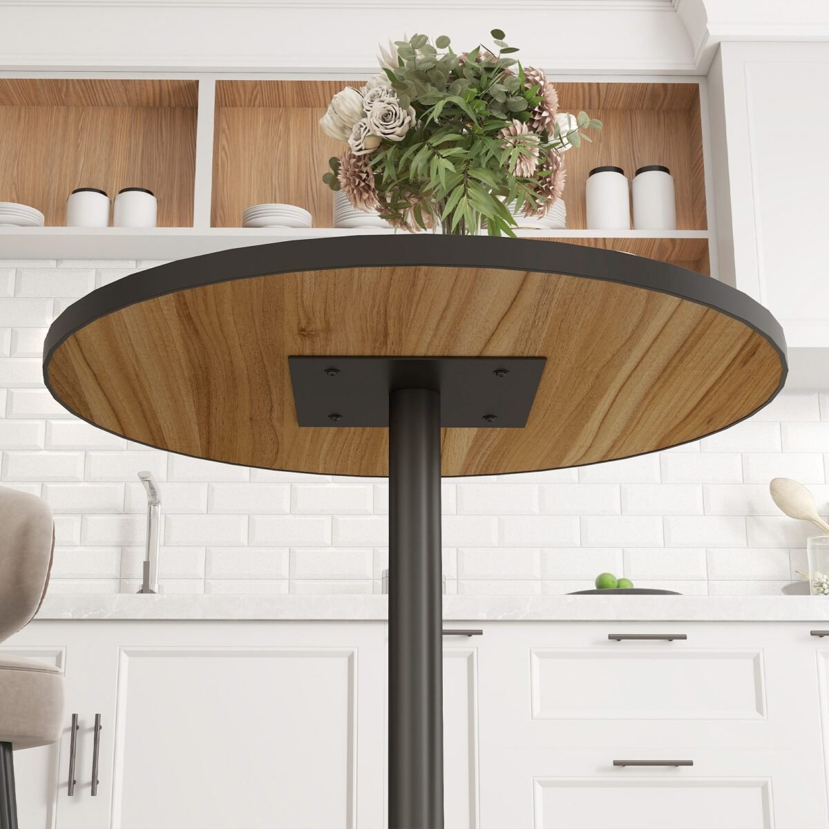 Kompaktiškas apvalus valgomojo stalas 2-4 asmenims su ąžuolo rašto stalviršiu