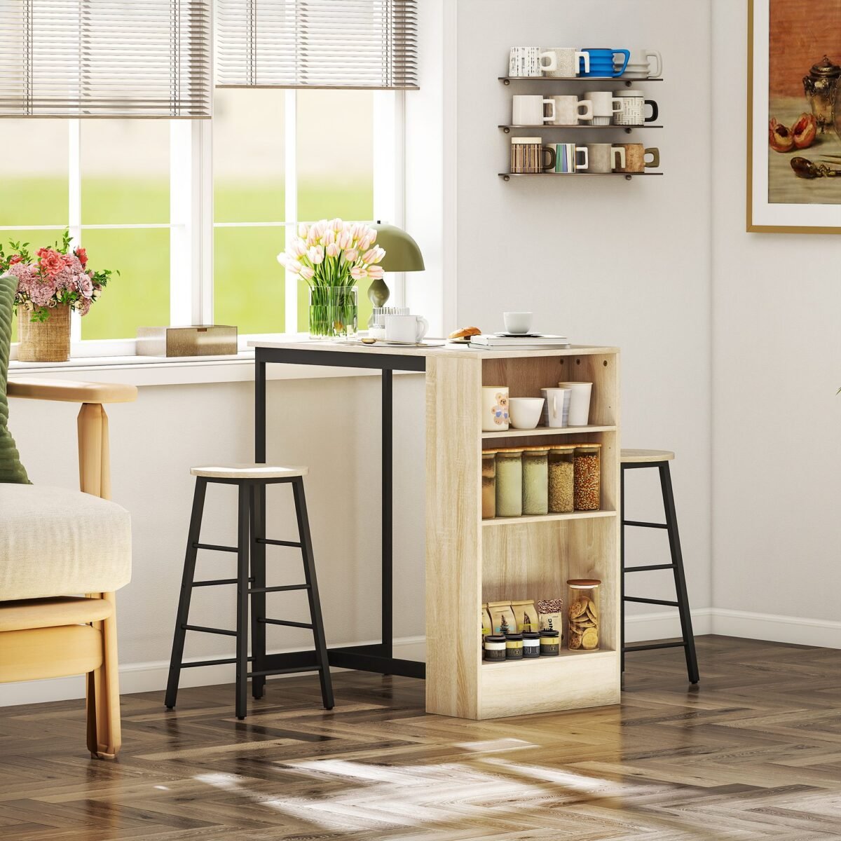 3 dalių baro stalo komplektas su integruota lentyna ir kojų atramomis