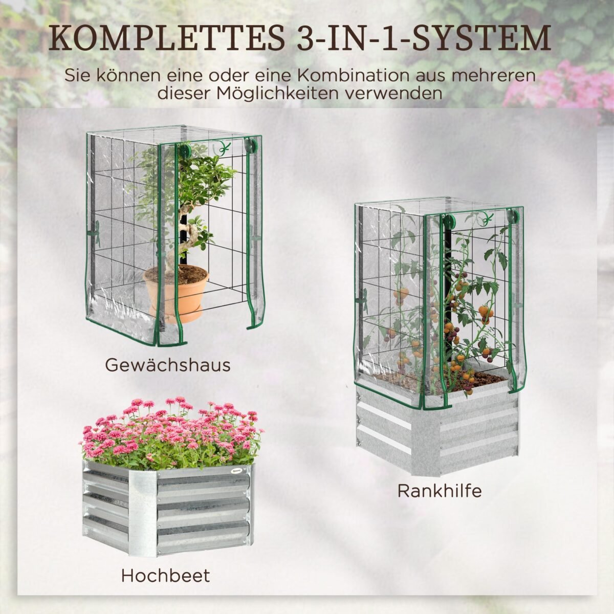 Trys viename pakelta lysvė su šiltnamio funkcija ir atrama vijokliniams augalams