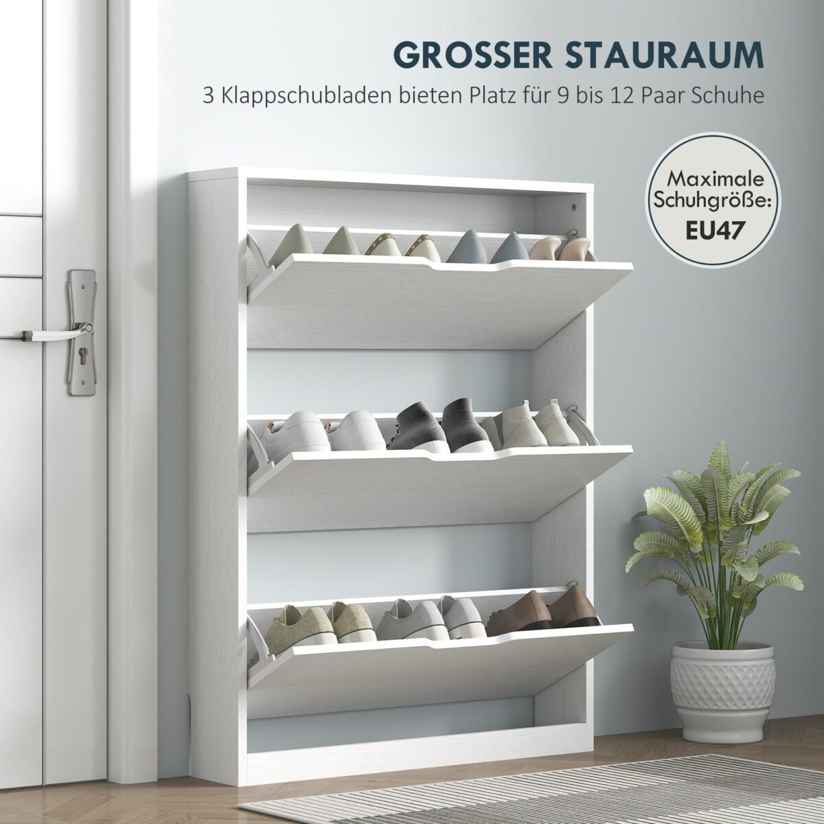 Siaura batų spintelė su 3 atverčiamais stalčiais talpinanti iki 12 porų batų