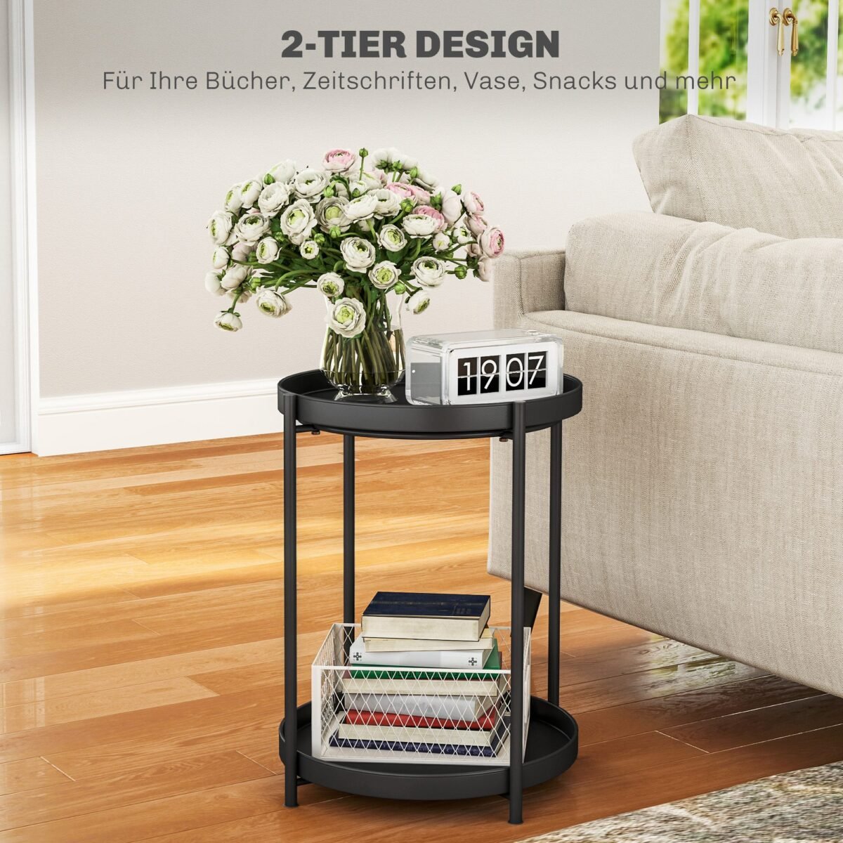 Apvalus metalinis dviejų lygių pagalbinis staliukas