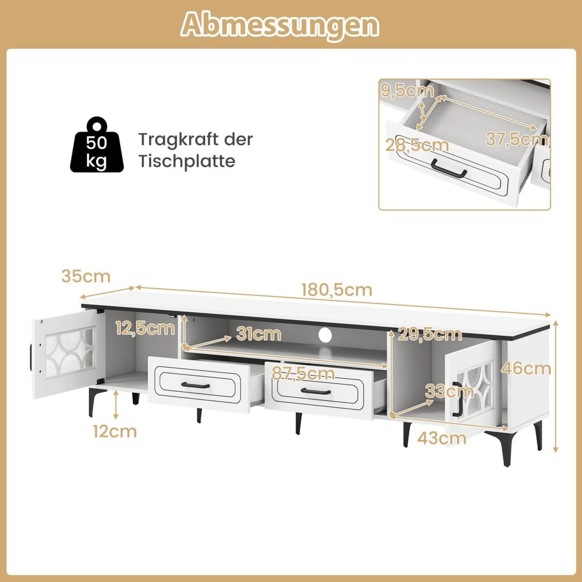 TV spintelė su dviem stalčiais ir dviem durelėmis (Balta)