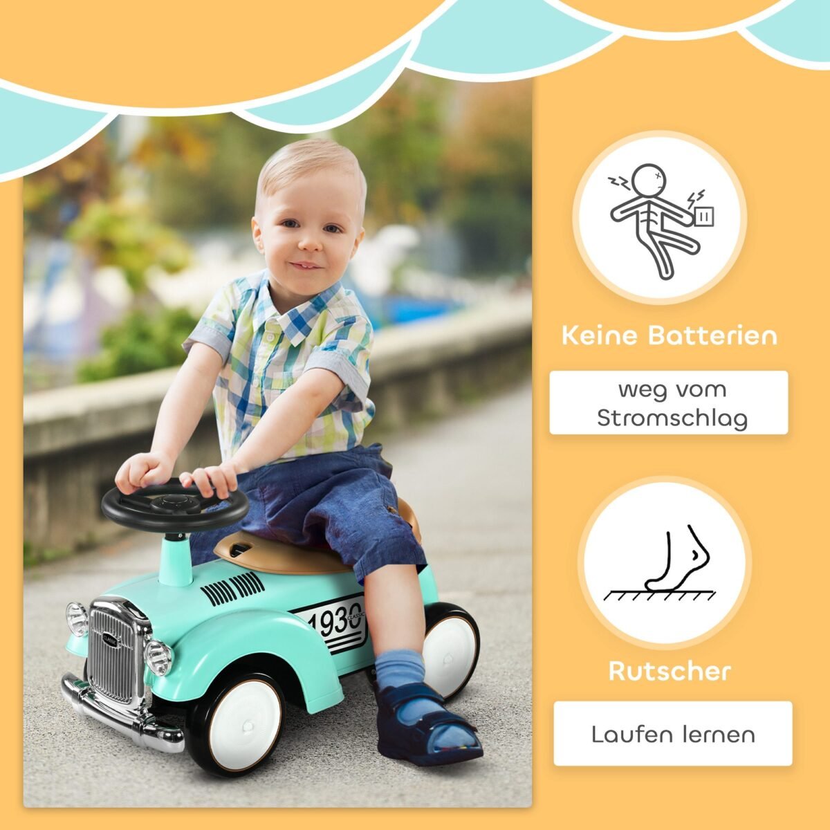 Vaikams skirtas paspiriamasis automobilis su slėptu skyriumi ir apsauga nuo apvirtimo