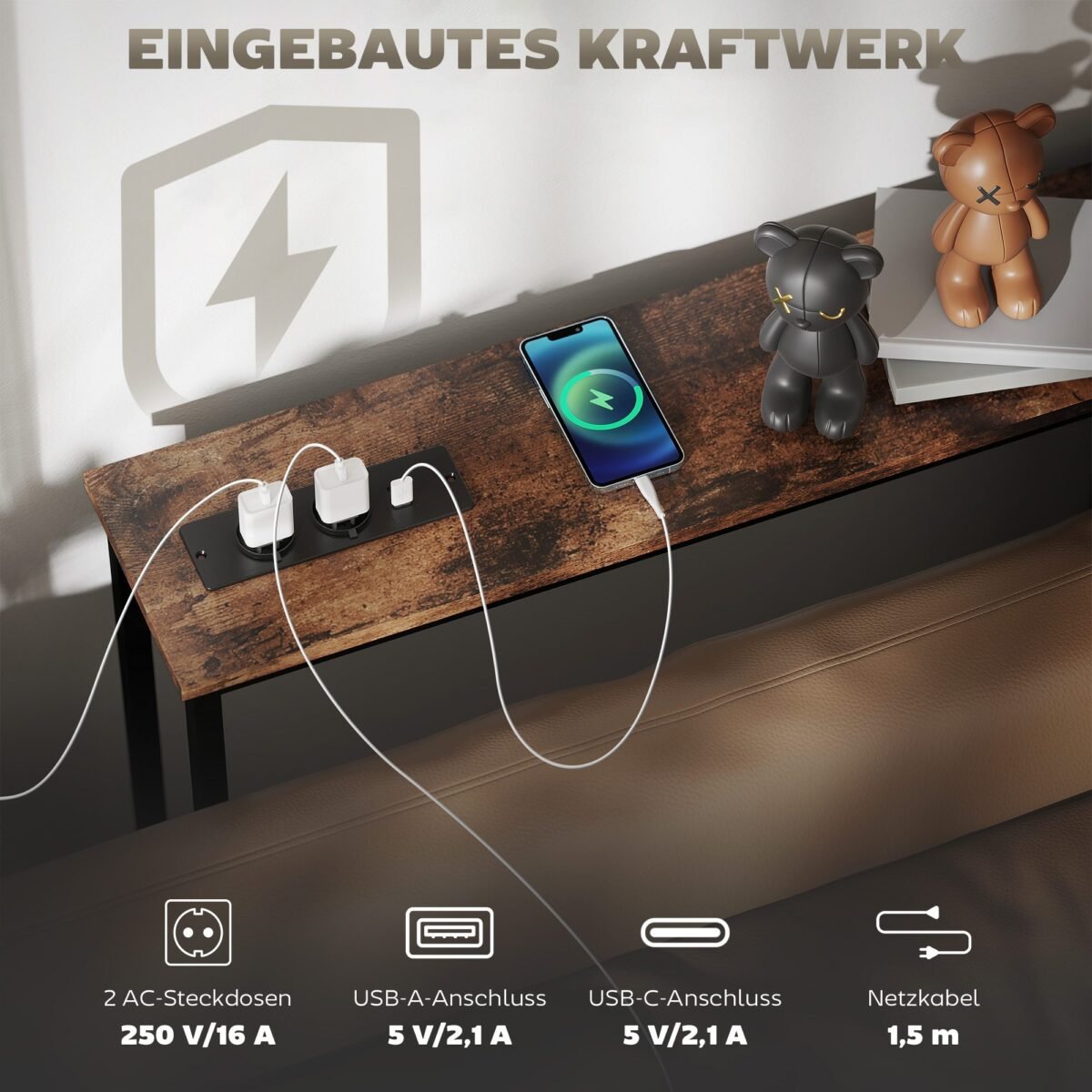 Siauras pramoninio stiliaus konsolės staliukas su įkrovimo stotele