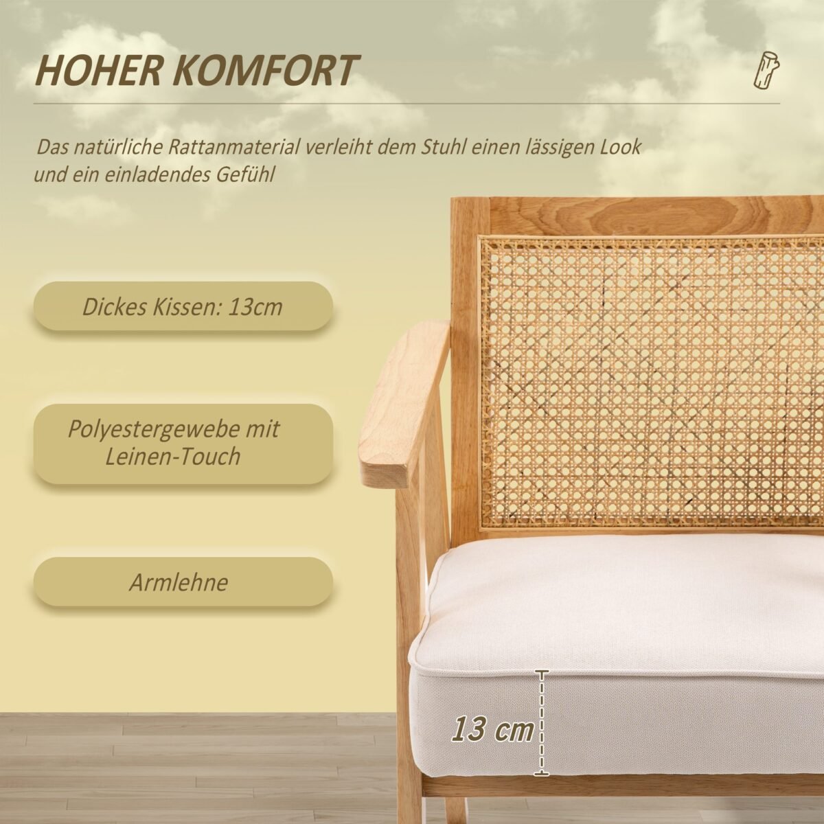 Poilsio krėslas su kaučiukmedžio rėmu ir lino imitacijos apmušalais