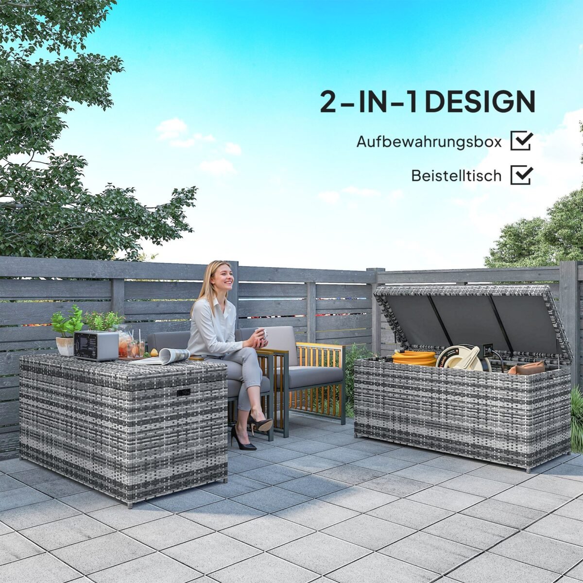 Poliratano sodo daiktadėžė 380 l su staliuko funkcija