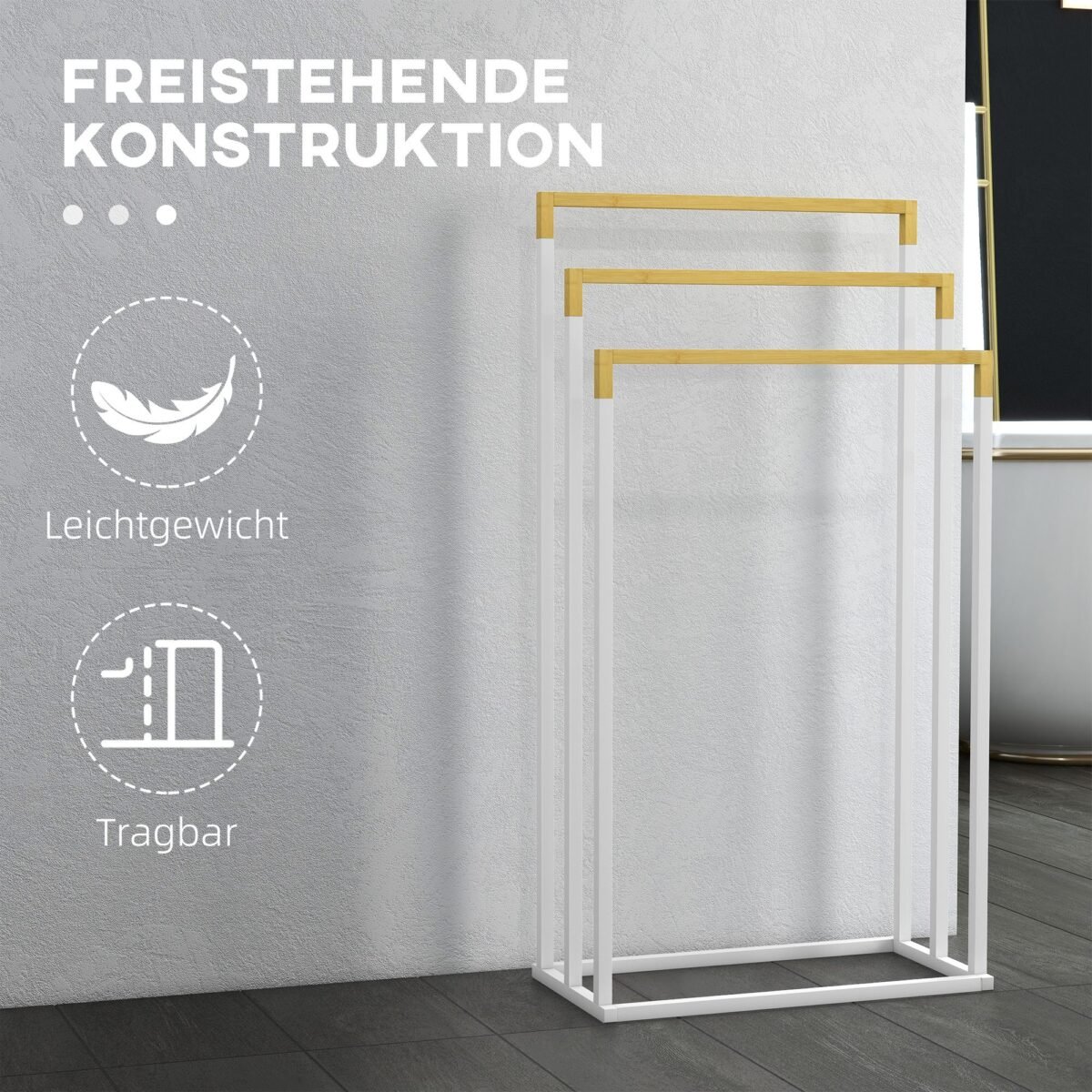 Trijų pakopų pastatomasis rankšluosčių stovas iš bambuko ir plieno