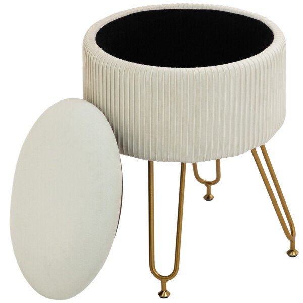 Apvalus pufas-daiktadėžė su metalinėmis kojomis ir staliuko funkcija