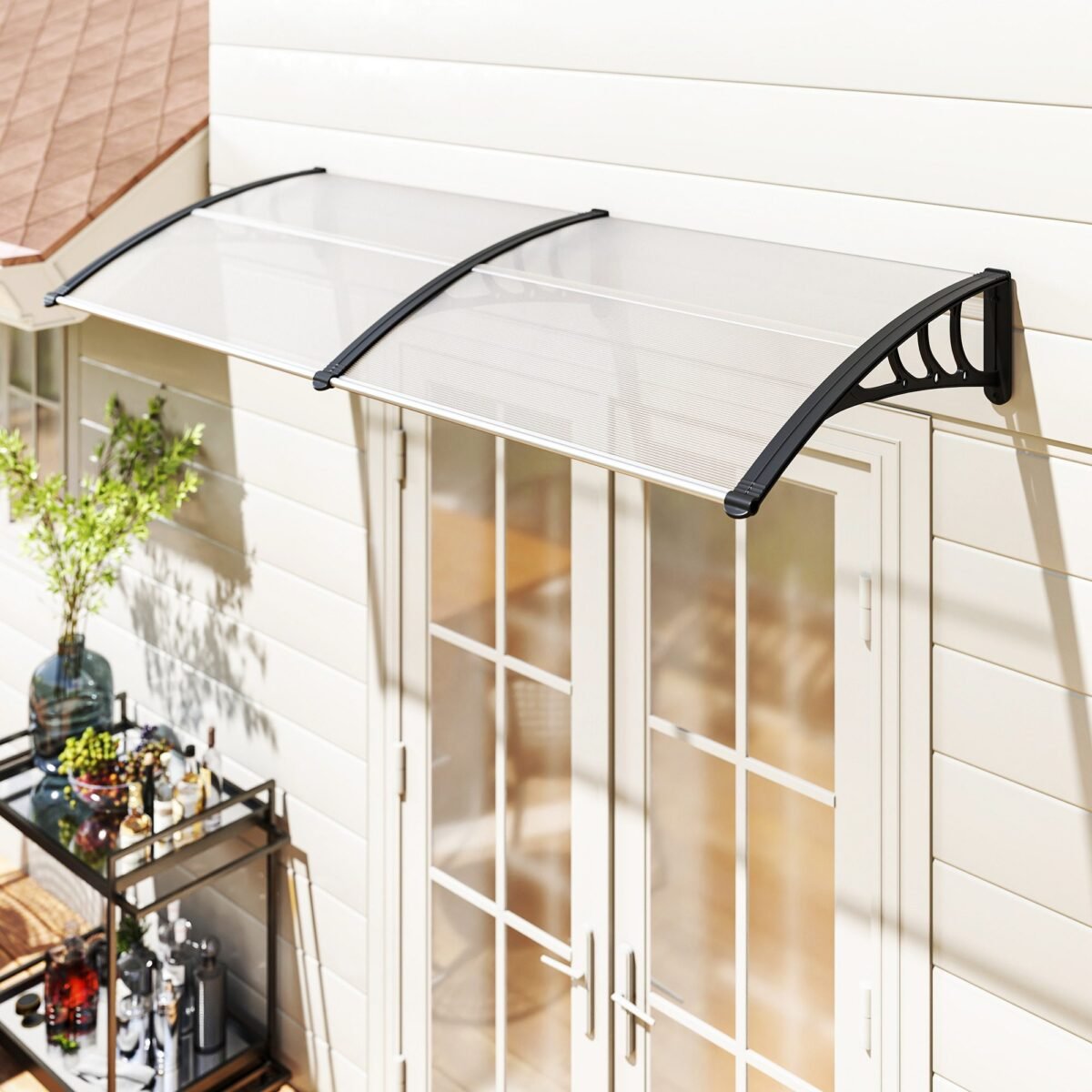 Dvigubas išlenktas durų stogelis su 5 mm polikarbonato plokšte ir aliuminio rėmu 75x195x23 cm