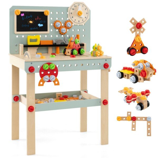Vaikiškas medinis dirbtuvių stalas su priedais ir lenta (Įvairiaspalvė)