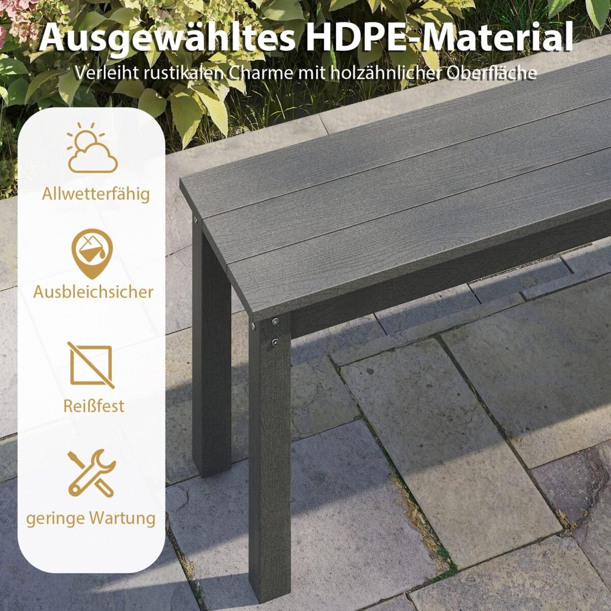 Tvirtas 3 vietų sodo suoliukas be atlošo 140 cm (Pilka)