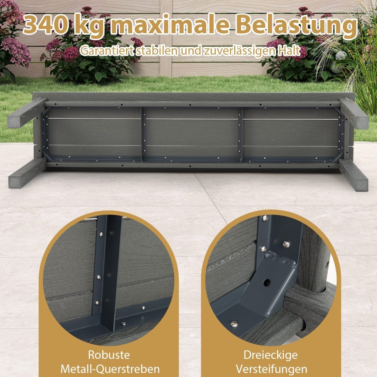 Tvirtas 3 vietų sodo suoliukas be atlošo 140 cm (Pilka)