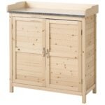 Medinė sodo spintelė su dviem skyriais ir metaliniu stalviršiu su borteliu