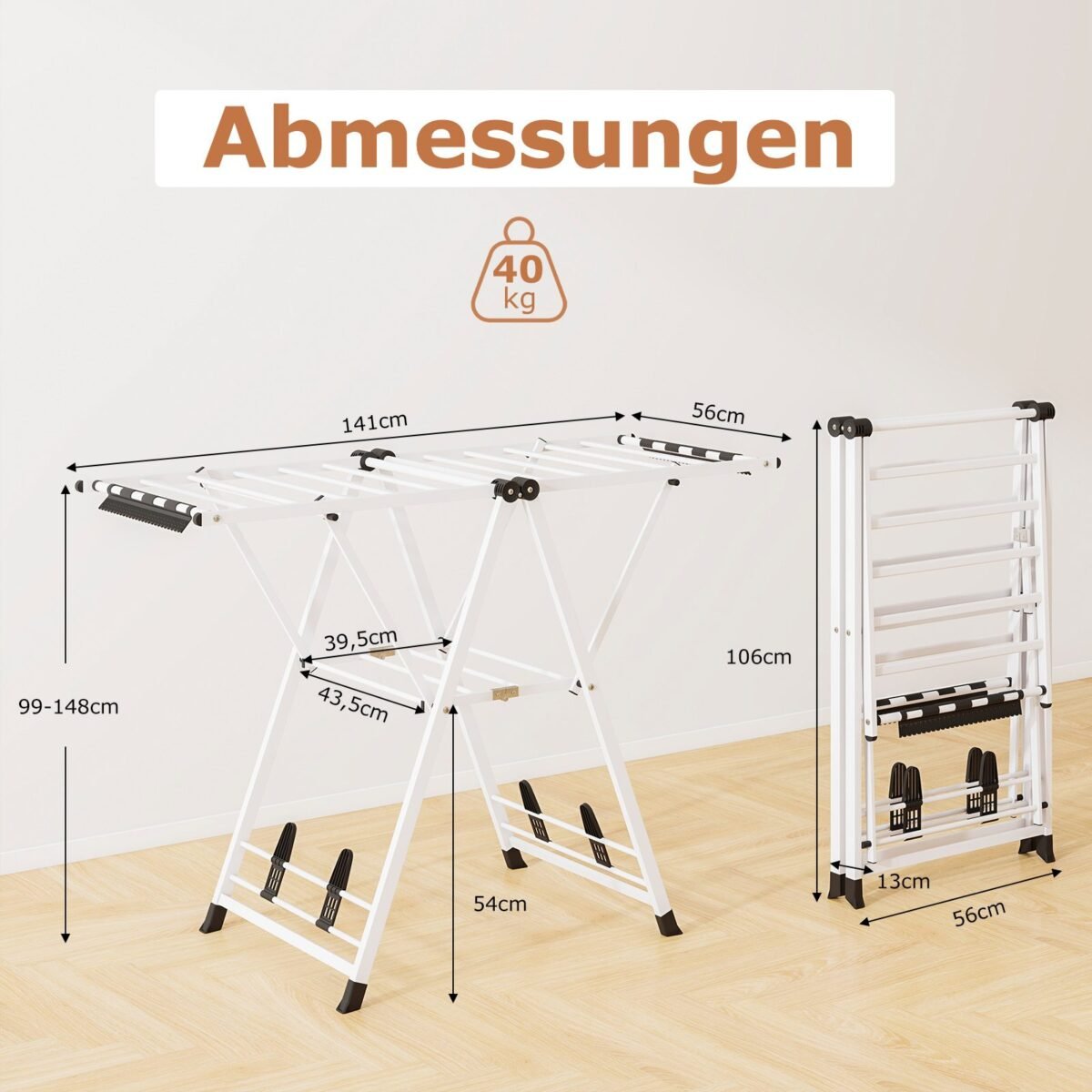 Sulankstomas drabužių džiovintuvas su reguliuojamais sparnais ir batų džiovykla (Balta)