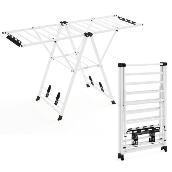Sulankstoma drabužių džiovykla su sparneliais ir batų lentynomis (Balta)