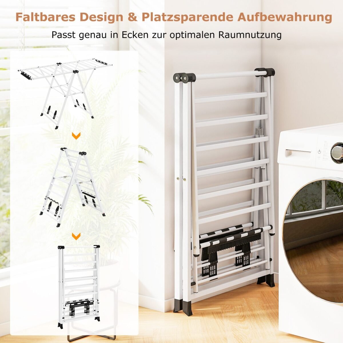 Sulankstoma drabužių džiovykla su sparneliais ir batų lentynomis (Balta)