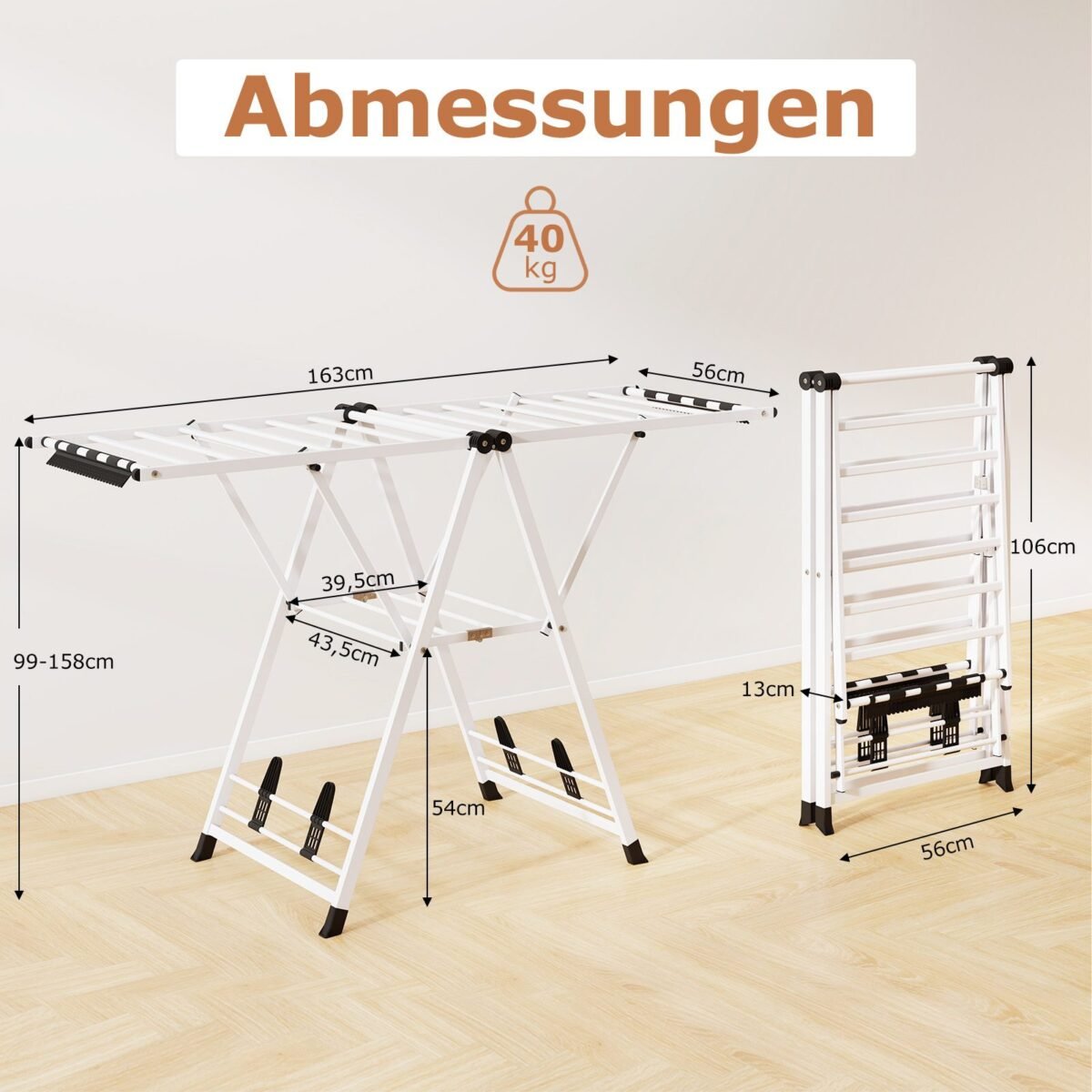 Sulankstoma drabužių džiovykla su sparneliais ir batų lentynomis (Balta)